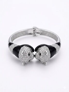 Pave Crystal Panda Hinged Bangle Bracelet in Black and Silver